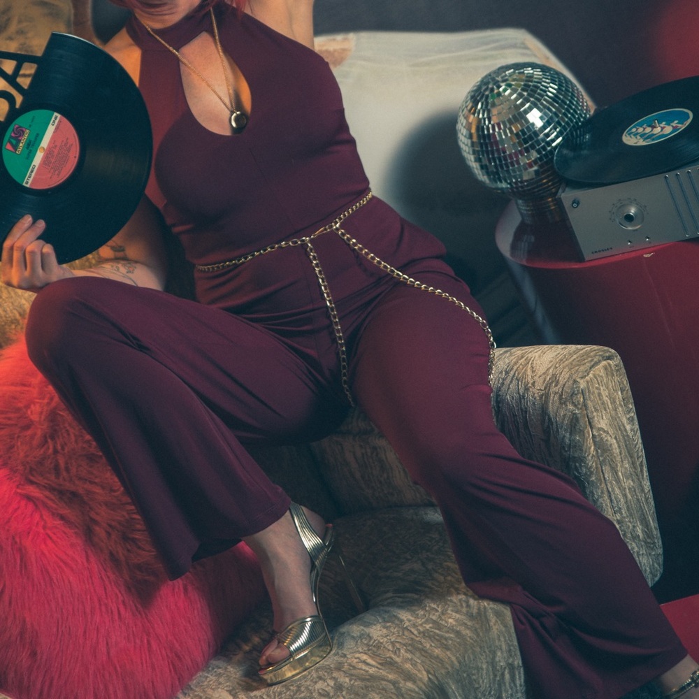 Xtraordinary Wine Halter Jumpsuit